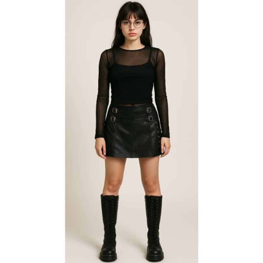 VTG PVC Black Buckle Mini Goth Punk Vinyl Skirt Y2K Core Medi Mall Goth Y2K Punk